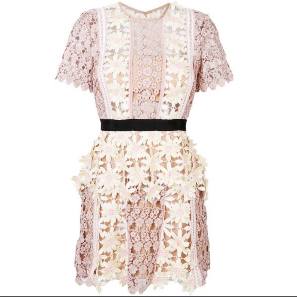 Self-Portrait Pink Lace Mini Dress with Black Waistband
